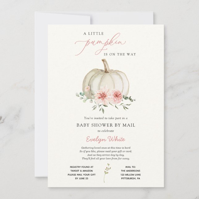 Pink Little Pumpkin Baby Shower by Mail Invitation (Front)
