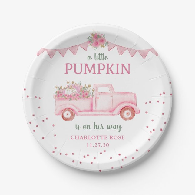 Pink Little Pumpkin Baby Shower Paper Plates (Front)