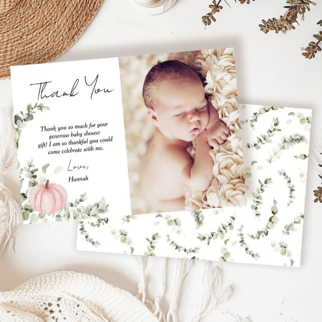 Pink Little Pumpkin Baby Shower Photo Thank You Card (Creator Uploaded)