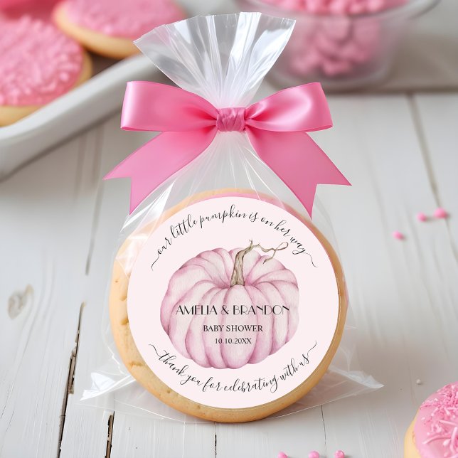 Pink Little Pumpkin Baby Shower Thank You Classic Round Sticker (Pink pumpkin baby shower thank you 3 inch round stickers)