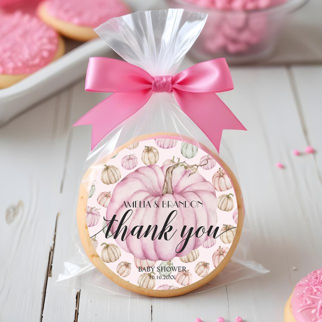 Pink Little Pumpkin Baby Shower Thank You Classic Round Sticker (Pink pumpkin baby shower thank you 3 inch round stickers)