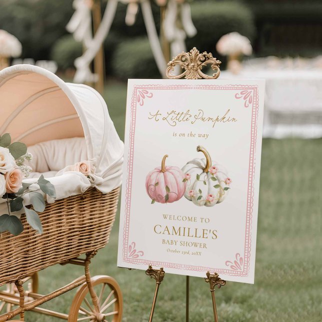 Pink Little Pumpkin Baby Shower Welcome Sign (A Little Pumpkin Girl Baby Shower Welcome Sign)