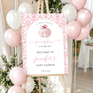 Pink Little Pumpkin Bow Baby Shower Welcome Sign