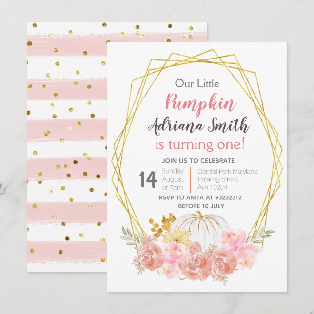 Pink Little Pumpkin Fall Birthday Autumn Invitation (Front/Back)