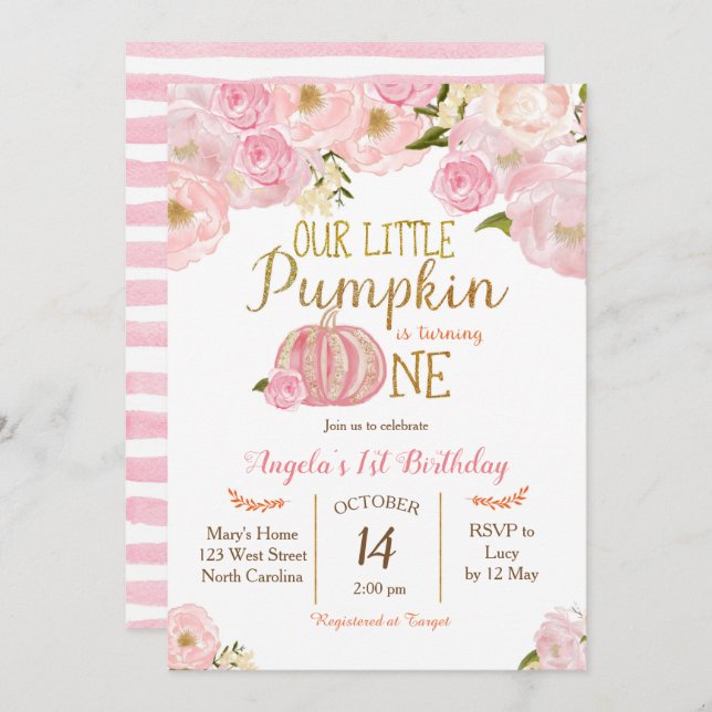 Pink Little Pumpkin Fall Birthday Invitation (Front/Back)