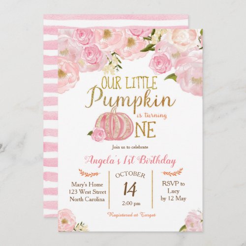 Pink Little Pumpkin Fall Birthday Invitation