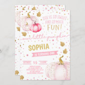 Pink Little Pumpkin Girl 1st Birthday Gold Glitter Invitation (Front/Back)