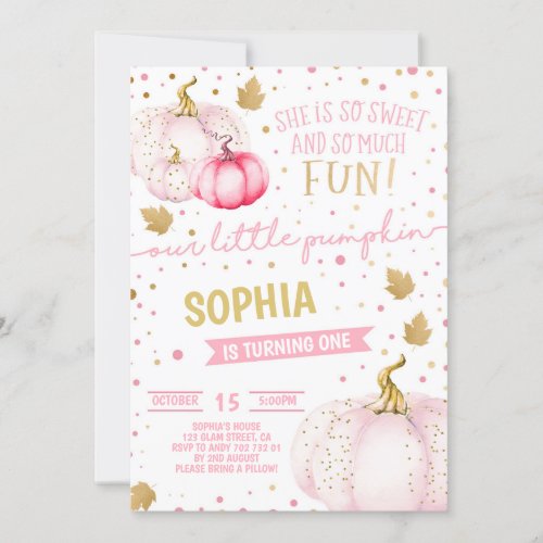 Pink Little Pumpkin Girl 1st Birthday Gold Glitter Invitation