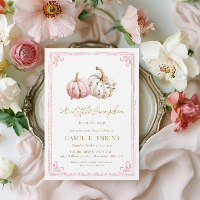 Pink Little Pumpkin Girl Baby Shower Invitation (Elegant Pink Pumpkin Fall Girl Baby Shower Invitation)