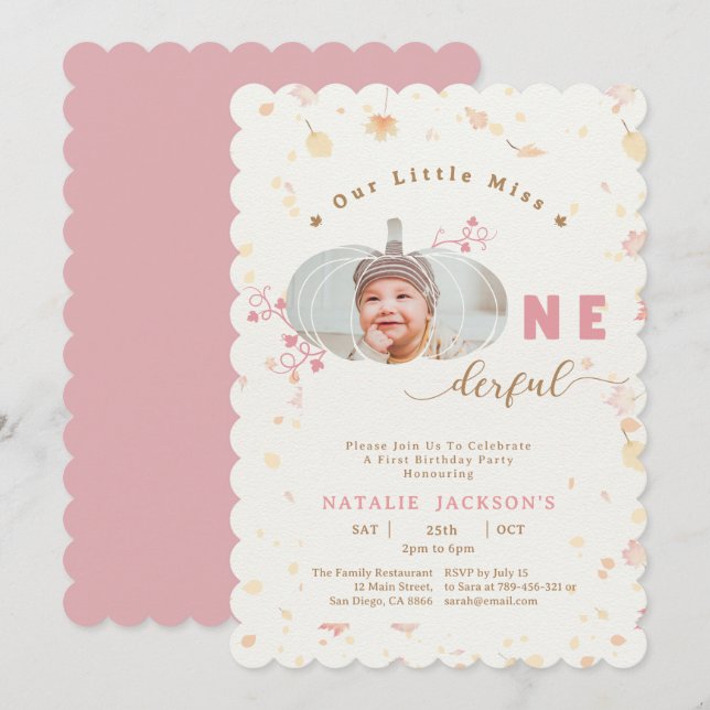 Pink Little Pumpkin Onederful Photo 1st Birthday Invitation (Front/Back)