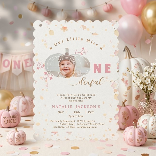 Pink Little Pumpkin Onederful Photo 1st Birthday Invitation (Pink Little Pumpkin Onederful Photo 1st Birthday Invitation)