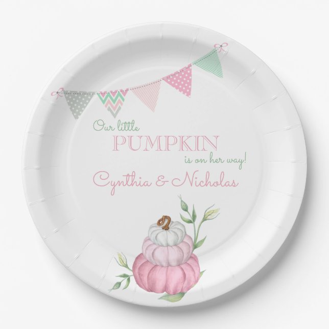 Pink Little Pumpkin Patch Girl Baby Shower Paper Plates (Front)