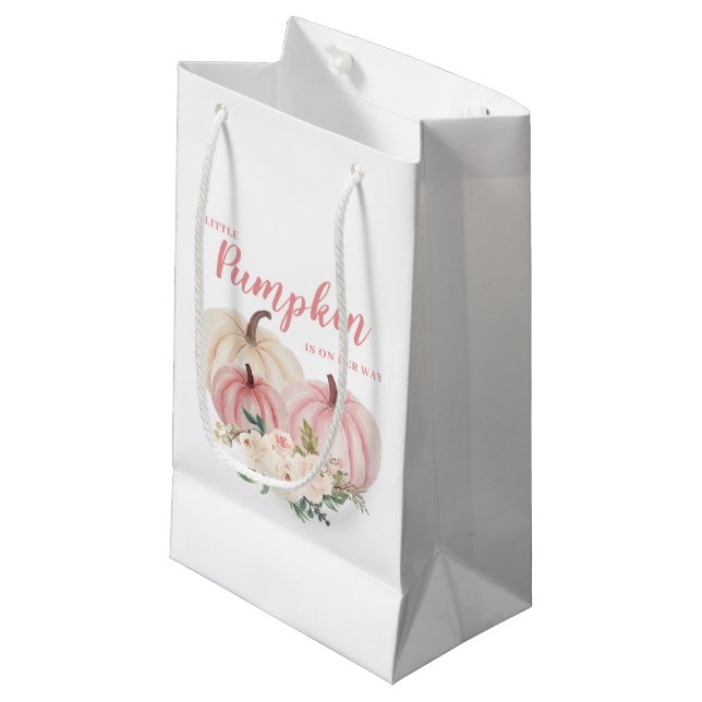 Pink Little Pumpkin Watercolor Baby Shower Small Gift Bag (Front Angled)