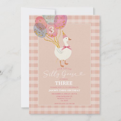 Pink Little Silly Goose Balloons Girl 3rd Birthday Invitation