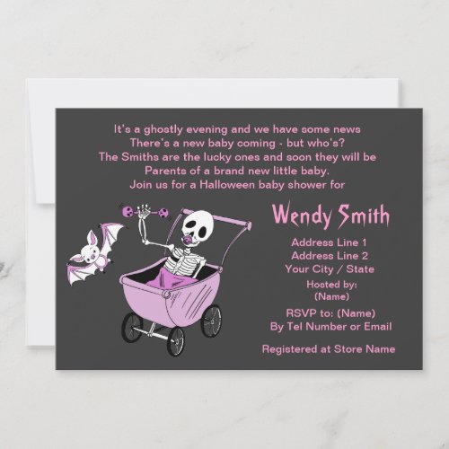 Pink Little Skeleton Baby Shower Invitation Cards