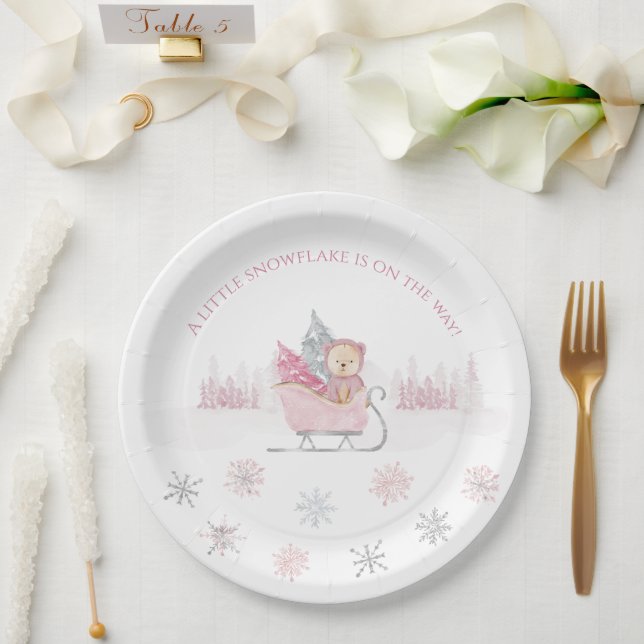 Pink Little Snowflake Baby Shower Paper Plates (Wedding)