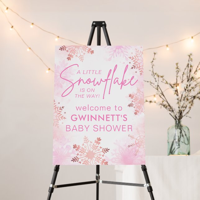 Pink Little Snowflake Baby Shower Welcome Sign (In Situ (Stand))