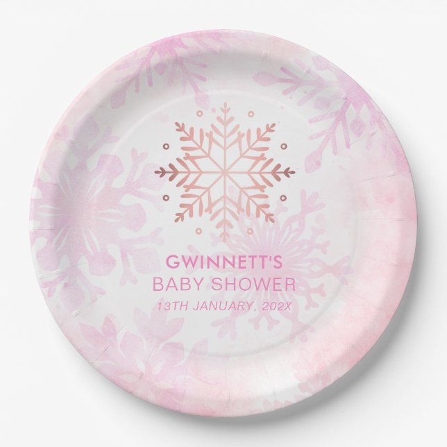 Pink Little Snowflake Girl Baby Shower Paper Plates (Front)