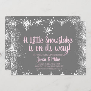 Pink Little Snowflakes Snowy Script Baby Shower Invitation