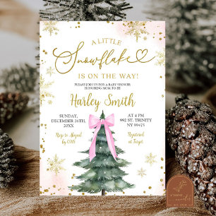 Pink Little Snowflakes Tree Pink Bow Baby Shower Invitation