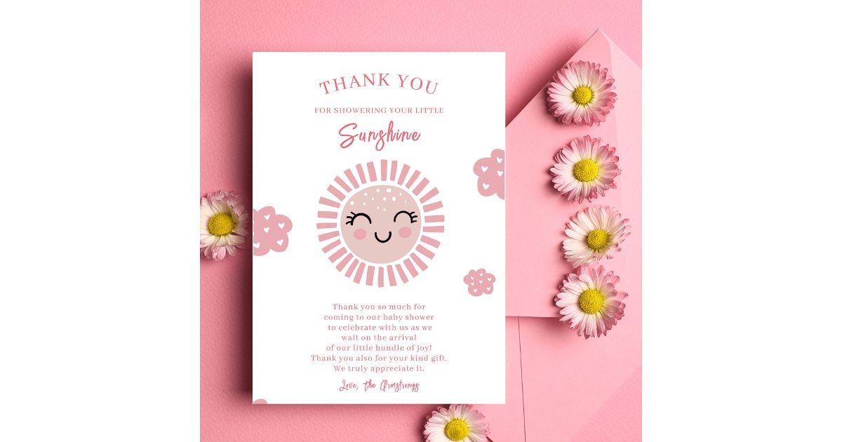 Pink Little Sunshine Girl Baby Shower Thank You Card | Zazzle