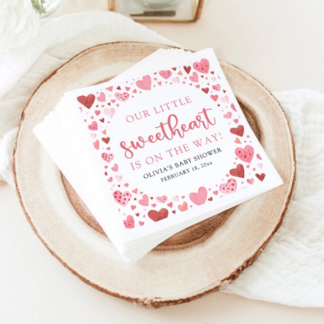 Pink Little Sweetheart Valentine's Day Baby Shower Napkins (Watercolor Cute Pink and Red Hearts A Little Sweetheart Valentine's Day Baby Shower Napkins)