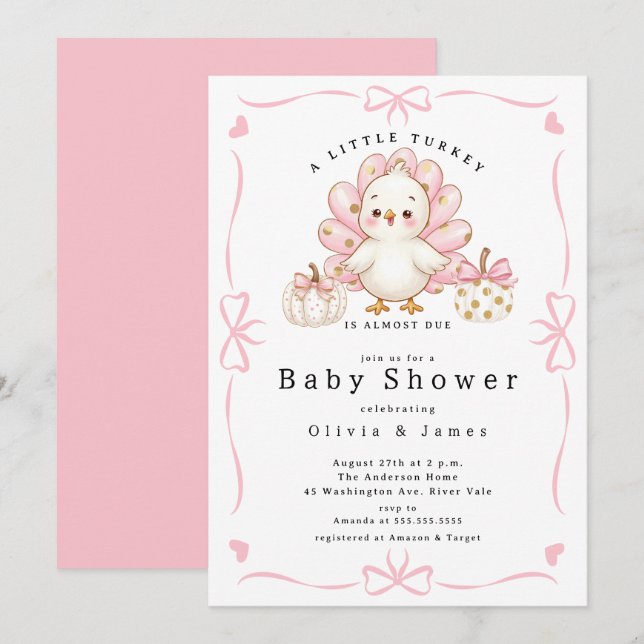 Pink Little Turkey Baby Shower Invite (Front/Back)