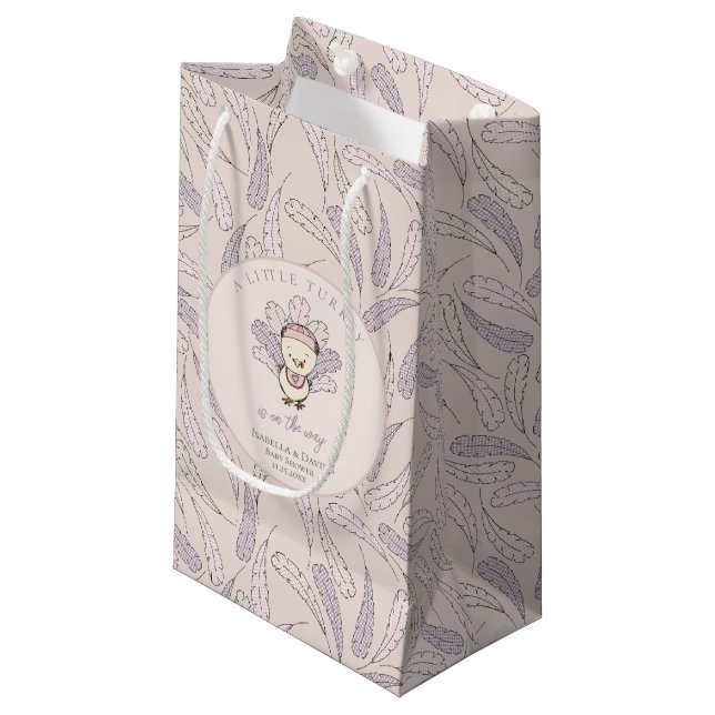 Pink Little Turkey Feathers Fall Girl Baby Shower Small Gift Bag (Front Angled)