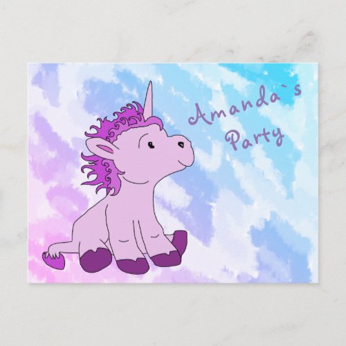 Pink Little Unicorn Birthday Party Invite - An invitation postcard to a kids birthday party. A costumizable and personalizable birthday invite card. All data are written on the back side of the card. 
A digital drawing of a cute little baby unicorn on a colorful abstract background. It`s perfect for kids who love animals specially for girls who love unicorns.