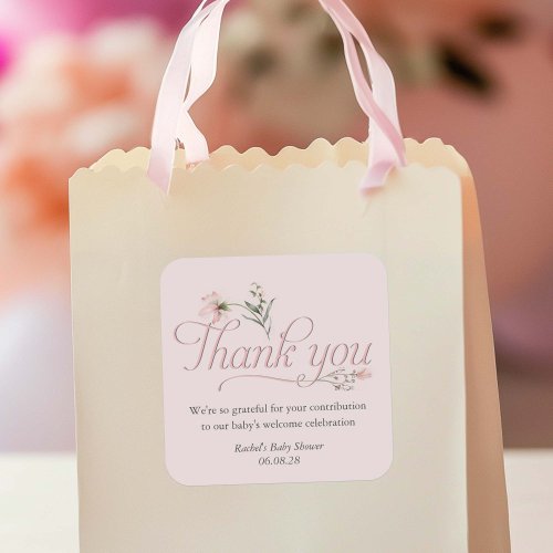 Pink Little Wildflower Baby Girl Shower thank you Square Sticker