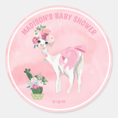 Pink Llama Alpaca Girls Baby Shower Classic Round Sticker