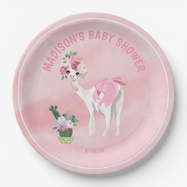Pink Llama Alpaca Girls Baby Shower  Paper Plates (Front)