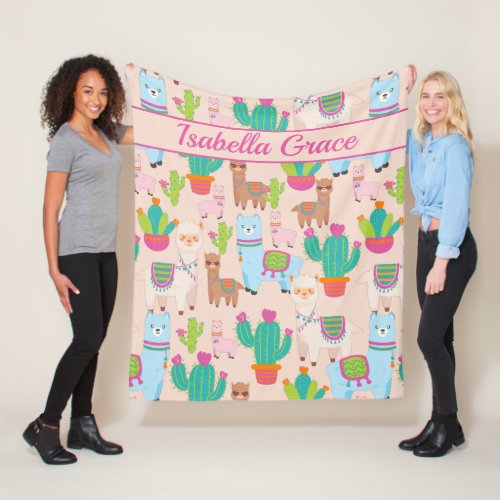 Pink Llama And Cactus Pattern Fleece Blanket