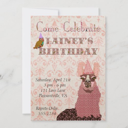 Pink Llama Birthday Invitation