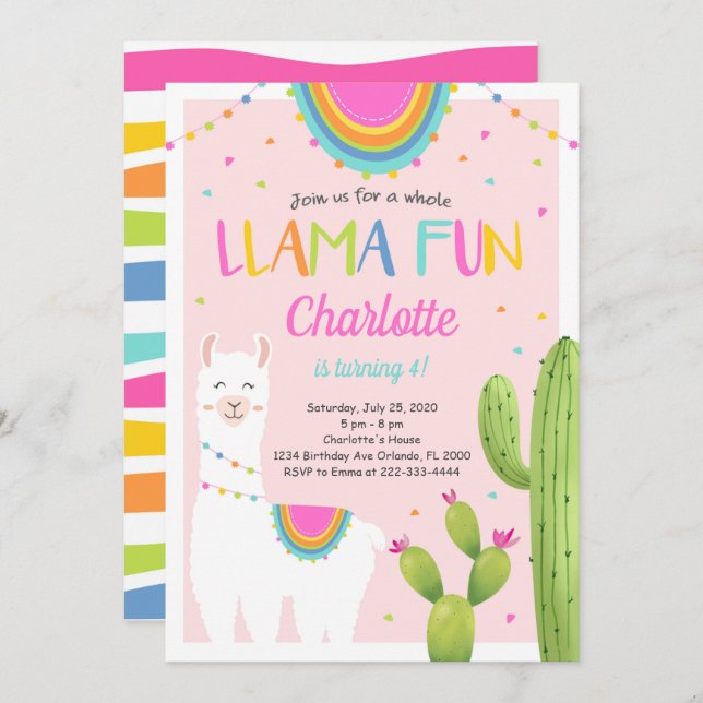 Pink Llama Cactus Birthday Invitation (Front/Back)
