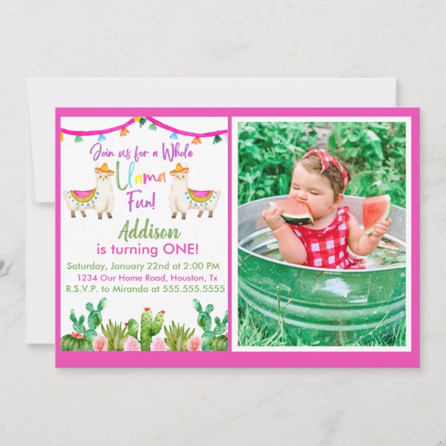 Pink Llama/ Cactus Fiesta Photo Invitation (Front)