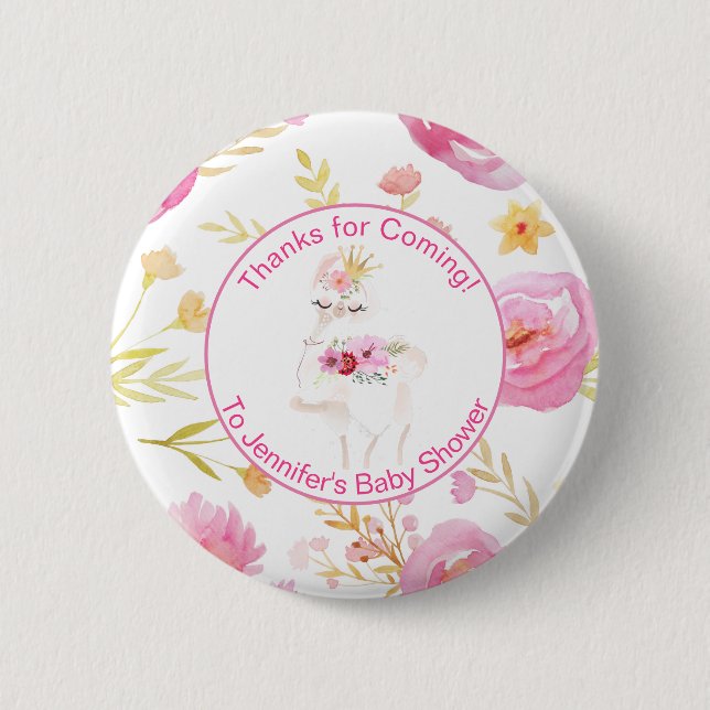 Pink Llama Floral Thanks for Coming Baby Shower Button (Front)