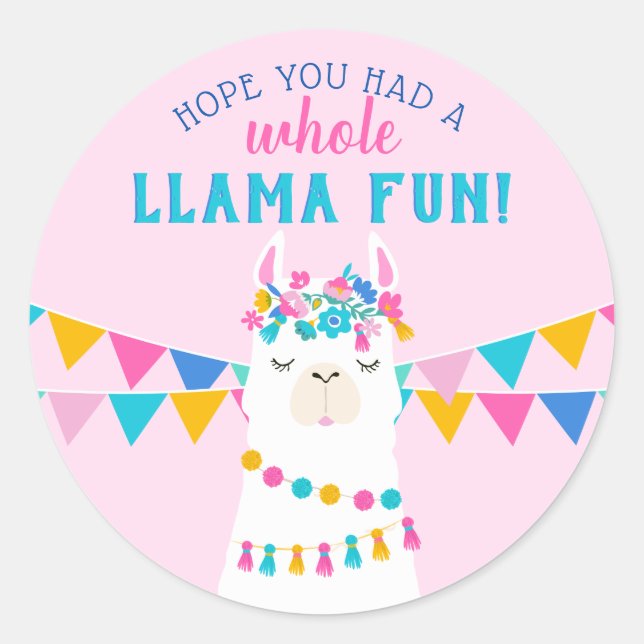 Pink Llama Fun Birthday Thank You Favor Classic Round Sticker (Front)