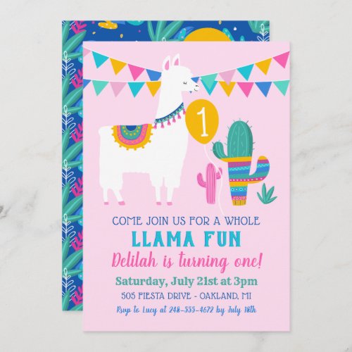 Pink Llama Fun First Birthday Party Girl Invitation