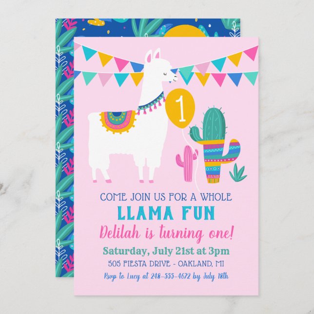 Pink Llama Fun First Birthday Party Girl Invitation (Front/Back)