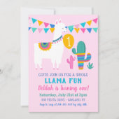 Pink Llama Fun First Birthday Party Girl Invitation (Front)