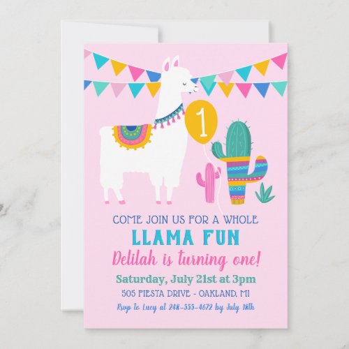 Pink Llama Fun First Birthday Party Girl Photo Invitation