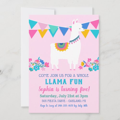 Pink Llama Fun Girl Birthday Party Invitation