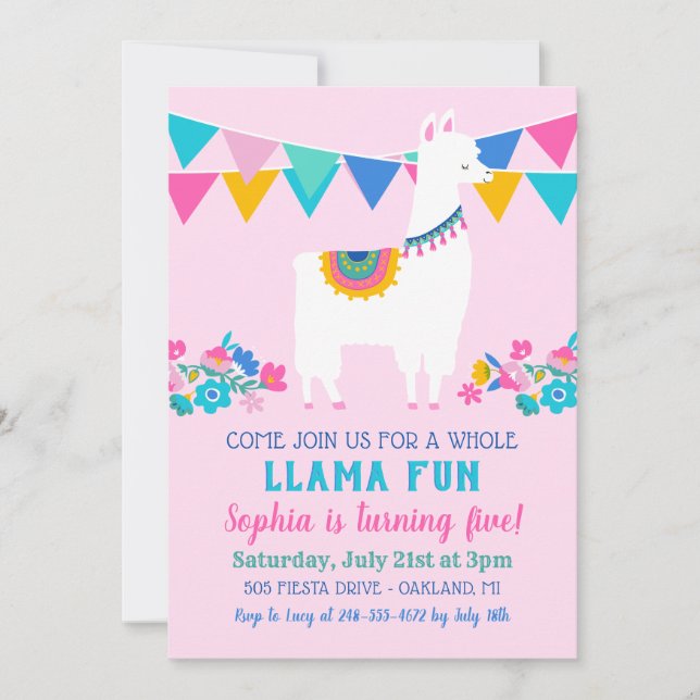 Pink Llama Fun Girl Birthday Party Invitation (Front)