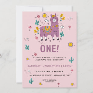 Pink llama Fun Girl First Birthday Party Invitation