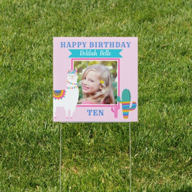 Pink Llama Happy Birthday Fiesta for Girl Photo Sign (Creator Uploaded)