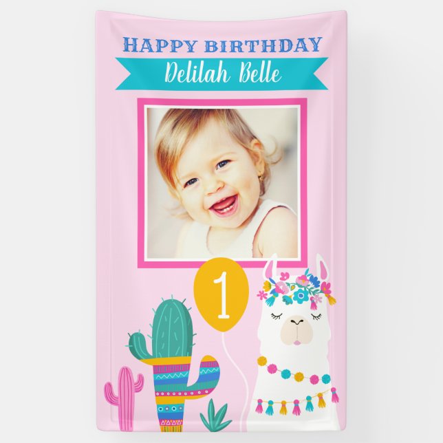 Pink Llama Happy Birthday Girl Photo Fiesta Banner (Vertical)