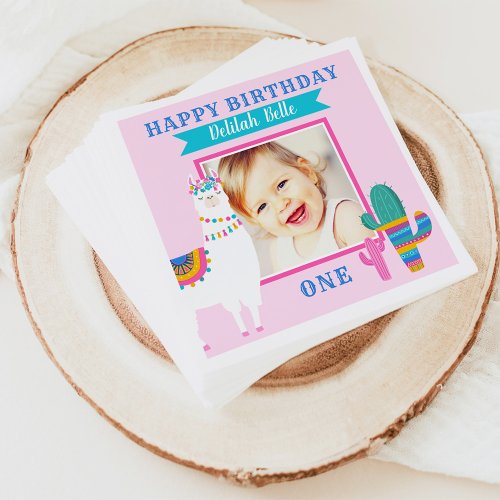 Pink Llama Happy Birthday Girl Photo Party Napkins