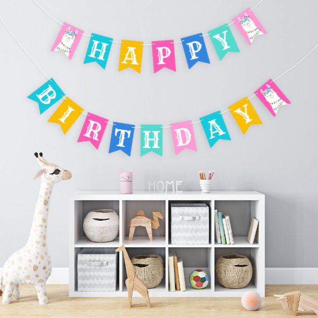 Pink Llama Happy Birthday Party Girl Fiesta Bunting Flags (Creator Uploaded)