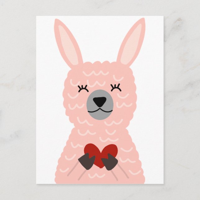 Pink Llama Holding a Heart Postcard (Front)